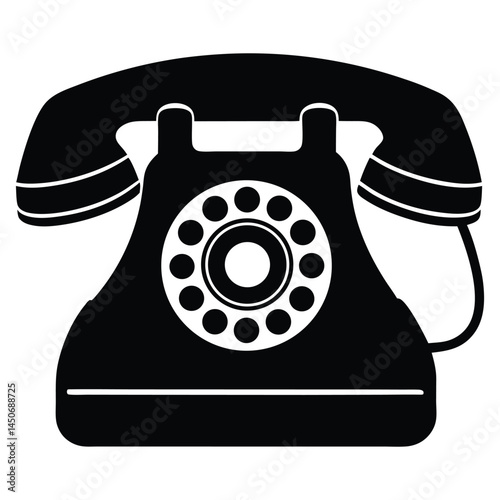 Vintage rotary telephone black silhouette icon, classic design, old telephone silhouette