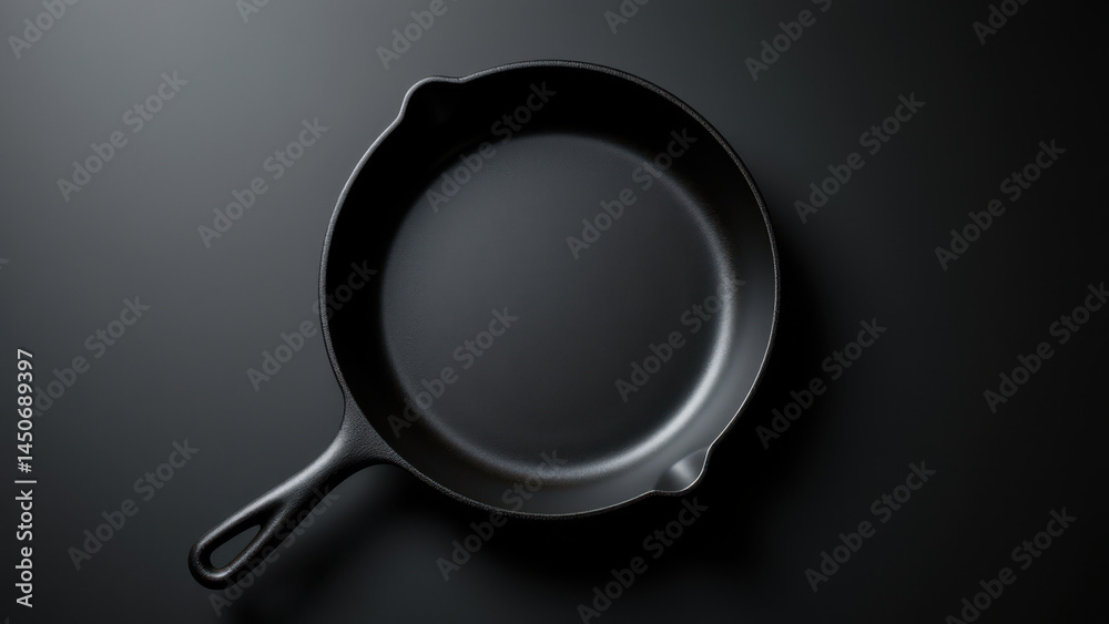 Cast iron skillet with handle on gray surface Cast iron skillet with handle on gray surface