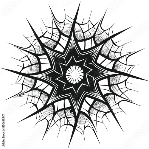 Monochromatic abstract geometric fractal design, sharp jagged lines forming a shattered pattern, dynamic black and white digital illustration with intricate high-contrast shapes