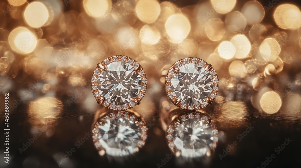 Diamond earrings with golden bokeh background Diamond earrings with golden bokeh background