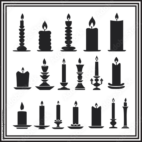 Decorative Candle and Candlestick Silhouettes Set – Black Vector Icons of Candles in Holders for Design and Illustration