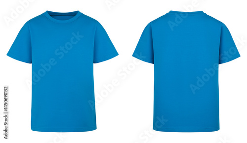 Blue t shirt design isolated on white background. Blank Shirt template and mockup, for your logo. Two T-Shirt front and back view with short sleeve photo