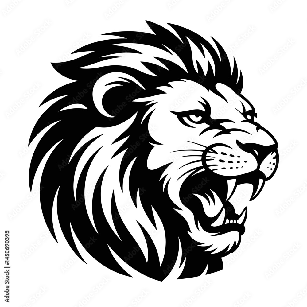 Fototapeta premium Lion Head silhouette Vector in Black and White – Bold Tattoo Style Animal Logo Design – Powerful Abstract Wild Cat Artwork for T-Shirts, Stickers, Branding