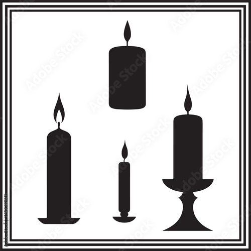 Set of Candle Silhouettes – Burning Candle Icons with Holders in Various Shapes, Black and White Vector Illustration