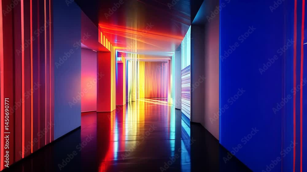 Vivid neon light tunnel journey: dynamic chromatic corridor transformation
