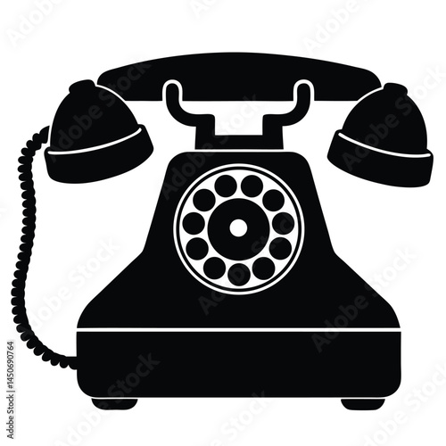 Vintage rotary telephone black silhouette icon, classic design, old telephone silhouette