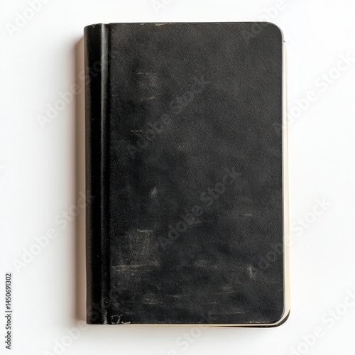 a single closed notebook with a black cover, top view, white backdrop 