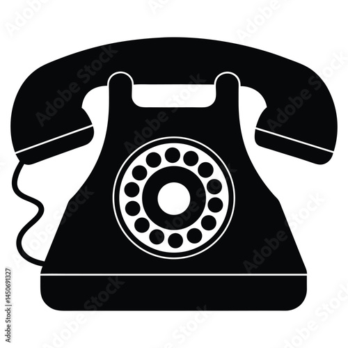 Vintage rotary telephone black silhouette icon, classic design, old telephone silhouette