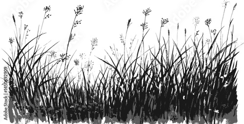 Flowing Meadow Scenery – Handcrafted Ink Sketch wildflower linework sketch hand drawn pen grass drawing vector illustration background