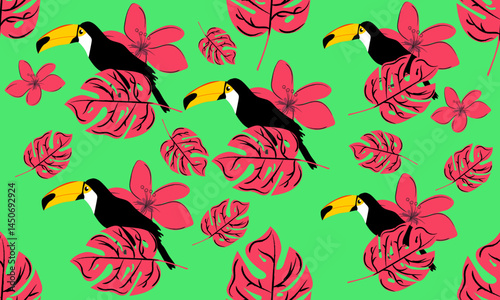 Summer seamless toucan background with tropical plants on a green background.Vector illustration