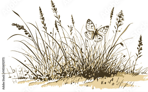 Wildflower Field Linework – Artistic Nature Illustration meadow wildflower linework sketch hand drawn pen grass drawing vector illustration background