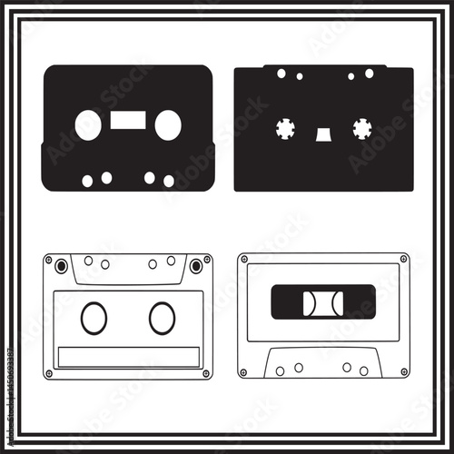 Retro Cassette Tape Silhouettes – Black and Outline Vector Icons for Vintage Music, Audio Recording, and 80s/90s Design Themes