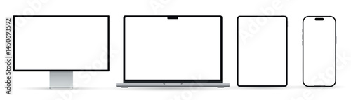 Realistic set of monitor, laptop, tablet, and smartphone. Modern digital devices collection. Vector illustration isolated on white background.