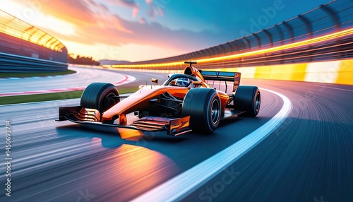 Orange Formula Race Car Speeds Around a Track at Sunset A Thrilling View of Professional Motorsport