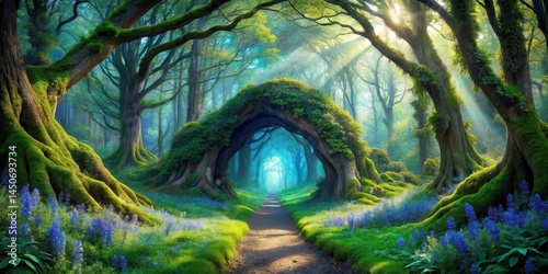 A magical forest path winds through a canopy of ancient trees, sunlight filtering through the leaves, illuminating a hidden world of wonder.
