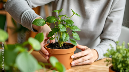 Woman transplanting home plant into new pot at table, closeup