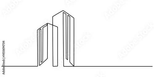 Luxury house building in big city. Architecture property isolated minimalism concept. Dynamic drawing on white background, Continuous one line drawing of luxury apartment house in the middle of town. 