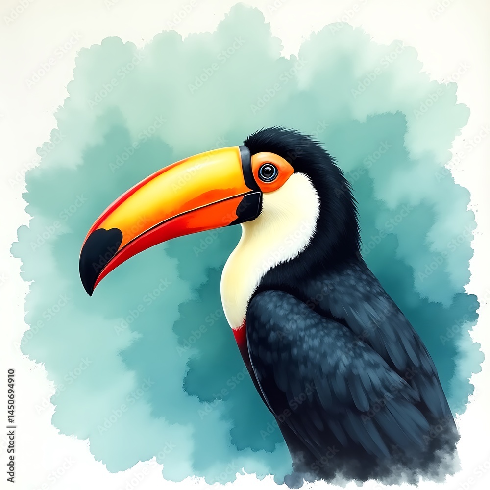 Fototapeta premium Watercolor Illustration of a Toucan Bird with Colorful Beak on a Soft Green Backdrop, Artful Portrait.