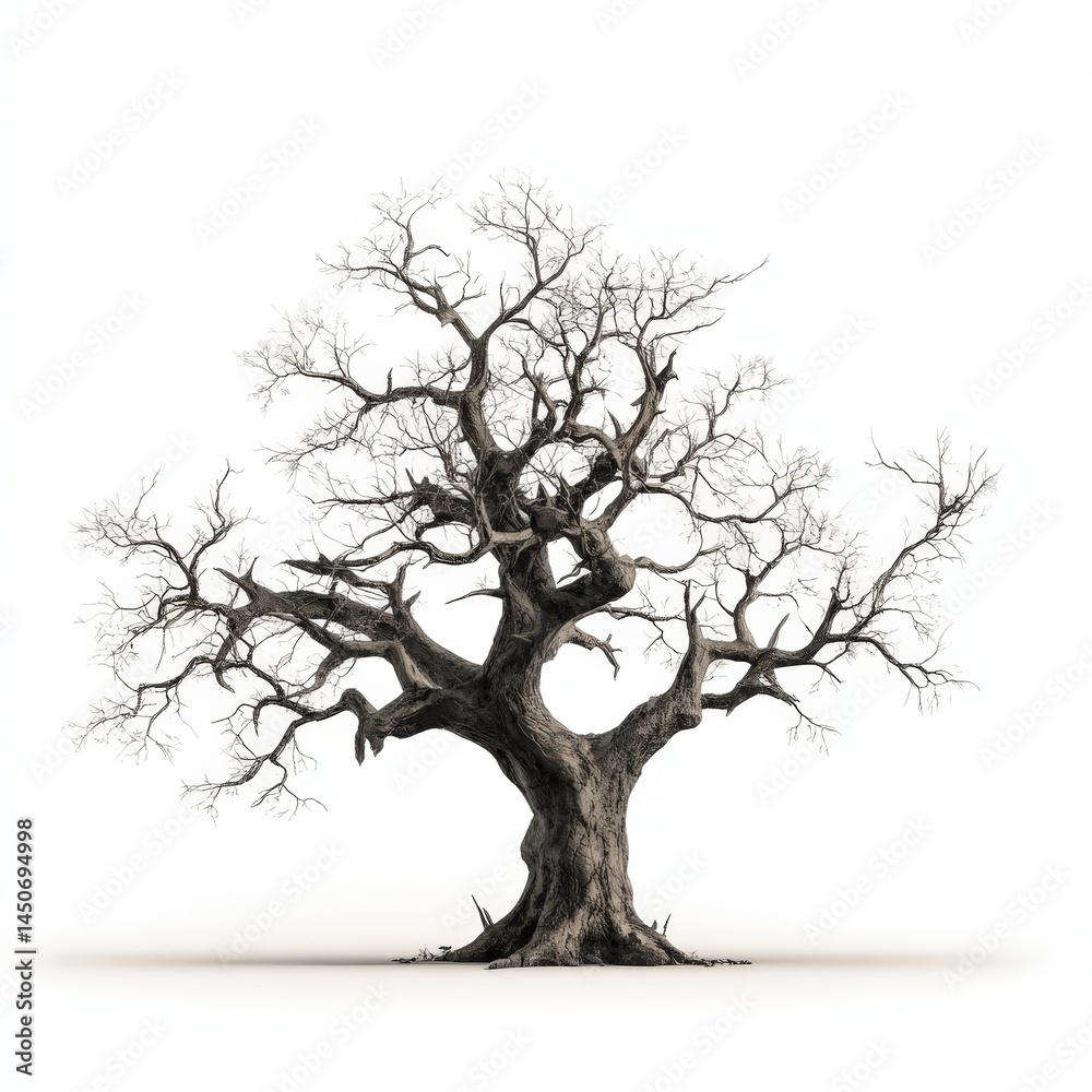 Obraz premium Majestic Winter Oak Tree Isolated on White Background Perfect for Halloween or Winter Scenes