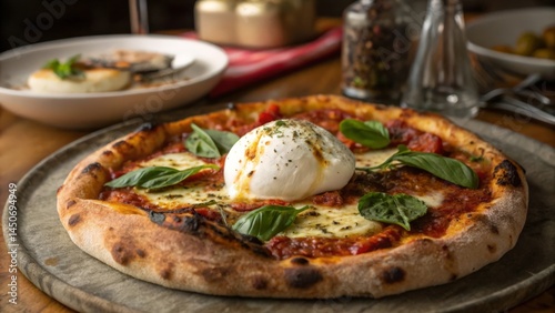 Wood-Fired Burrata Pizza with Basil Leaves and Olive Oil Drizzle, Italian Gourmet Dish on Wooden Board
