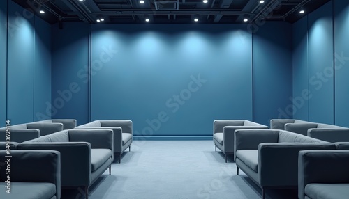 A large empty room with a blue wall and rows of gray couches