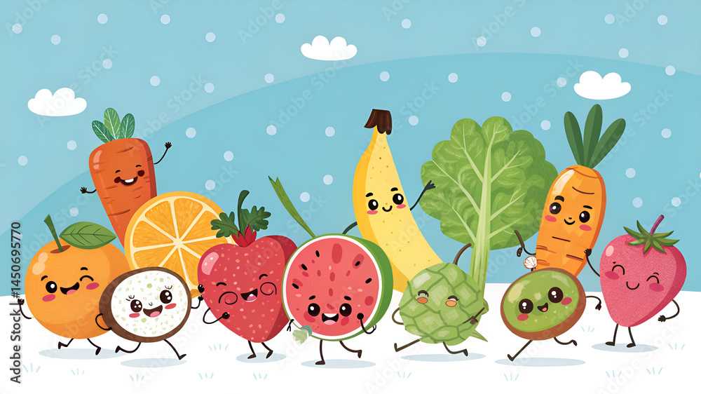 Naklejka premium Cartoon fruits and vegetables healthy food illustration | Fruits and vegetables forming a human body illustration, metabolism, nutrition, eating diet, fitness, health, vitamins, digestion, supplements