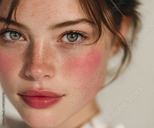 young woman with bare skin and a cold pink liquid blush applied on her cheek