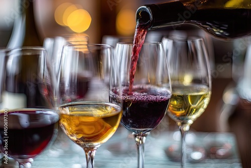 Red wine poured into a glass, alongside various other wines in glasses