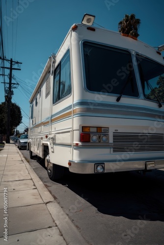 Vintage recreational vehicle parked on a sunny street capturing the essence of travel and freedom showcasing the vehicle's classic design and inviting atmosphere