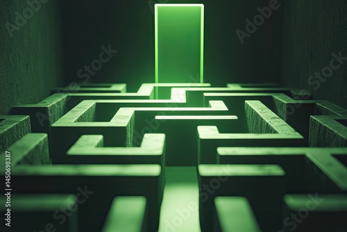 Fototapeta Naklejka Na Ścianę i Meble -  Maze leading to a bright green door