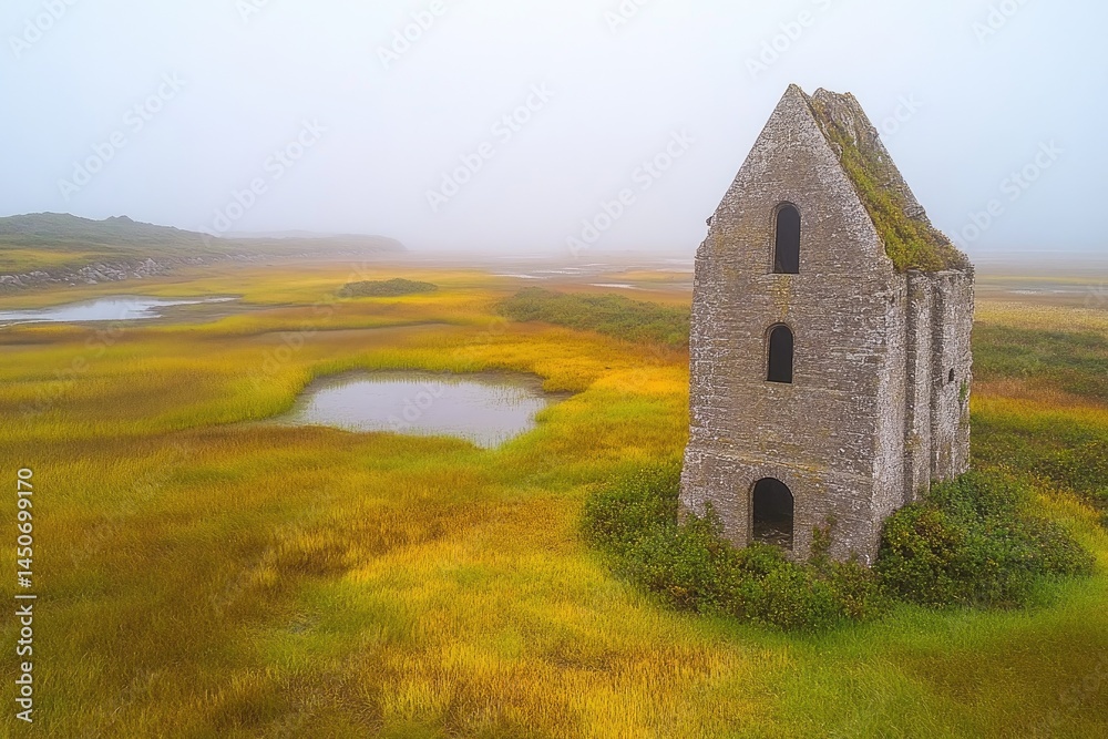 Misty field with weathered stone tower Misty field with weathered stone tower