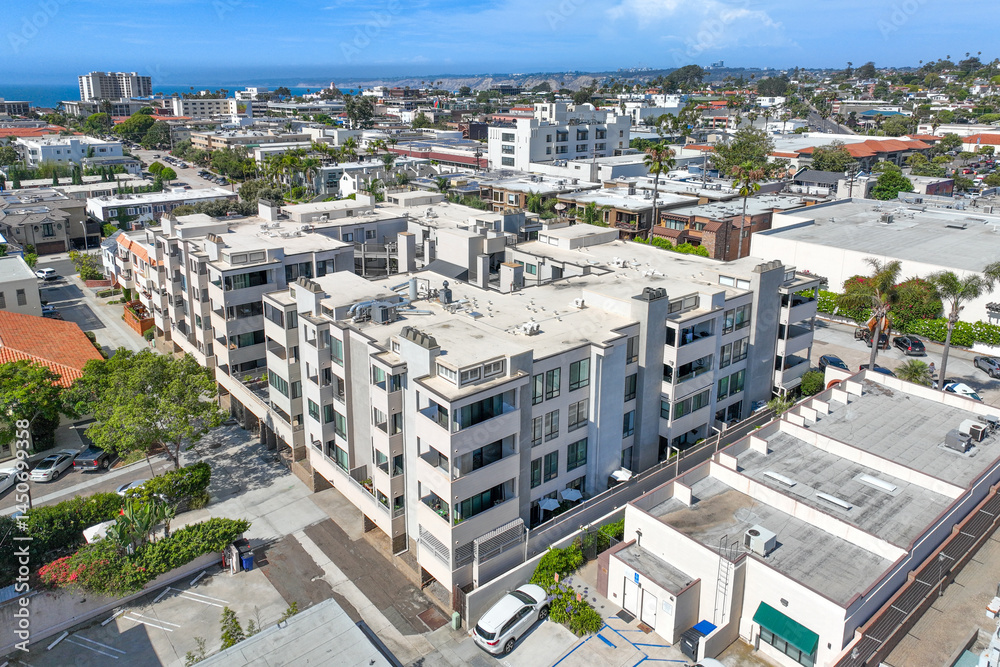 Fototapeta premium Aerial view over La Jolla with big villas and ocean in the background, San Diego, California, USA