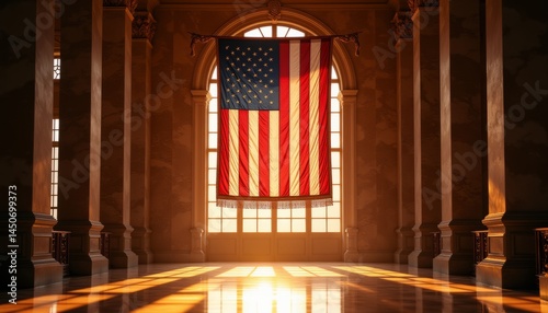 A large American flag is hanging from the ceiling in a large room