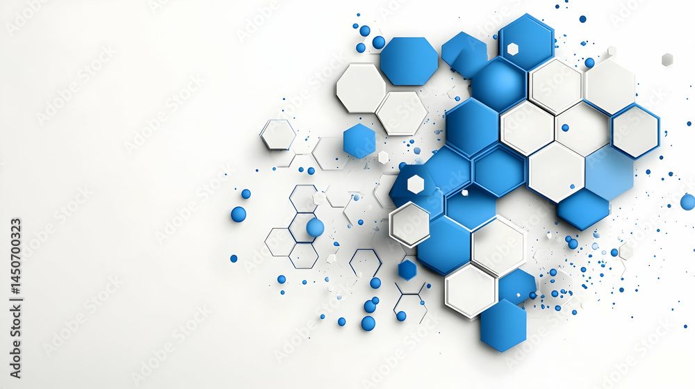 Abstract 3D hexagonal pattern in blue and white, scattered on a light background Abstract 3D hexagonal pattern in blue and white, scattered on a light background