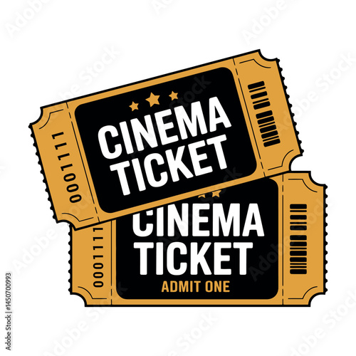 Vector illustration of two cinema tickets with the words Cinema Ticket and admit one, gold and black design, ideal for movie theaters, film events, or entertainment branding.