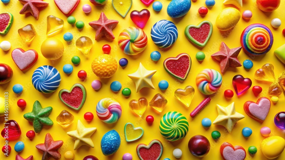 Fototapeta premium A vibrant collection of colorful candies, chocolates, and other treats on a sunny yellow background, creating a sweet and playful scene.