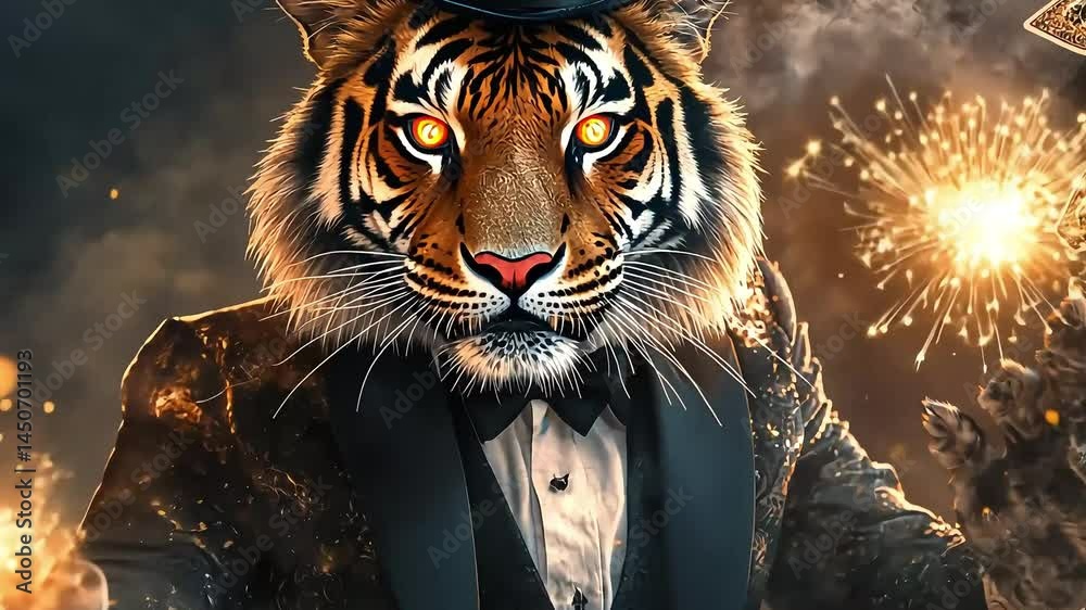 A majestic tiger in a tuxedo performs a dazzling magic show with fireworks in a vibrant setting
