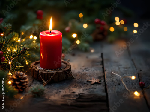 einzelne rote Adventskerze inmitten festlicher, natürlicher Weihnachtsdekoration