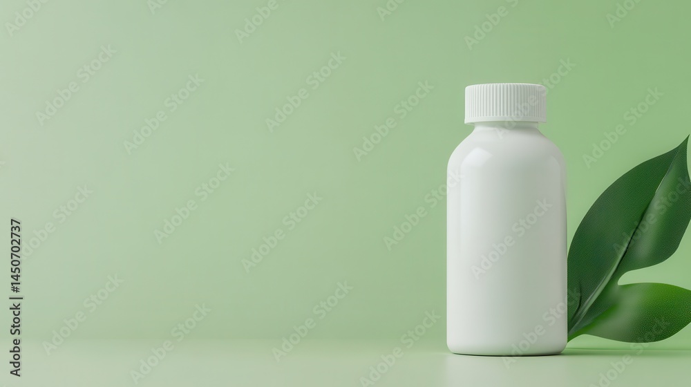 Minimalist skincare bottle, simple white container with natural green leaf, promotes freshness and wellness in beauty. Minimalist skincare bottle, simple white container with natural green leaf, promotes freshness and wellness in beauty.