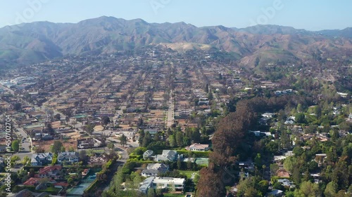 Aerial view of Pacific Palisades Los Angeles post fire homes streets roads 16