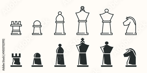 set of chess pieces logo line art vintage vector illustration concept template icon design, collection of classic chess game intellectual symbol concept vector illustration logo design