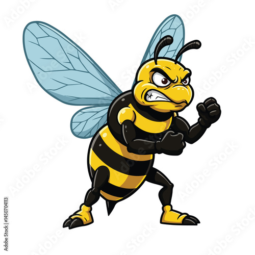 An angry, cartoonish bee mascot stands ready to fight, its black and yellow striped body coiled, black arms in fists, and menacing face conveying rage.