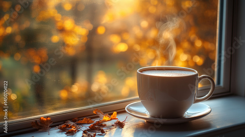 Wallpaper Mural A steaming cup of coffee rests on a window sill, framed by golden autumn leaves and the warm glow of the setting sun Torontodigital.ca