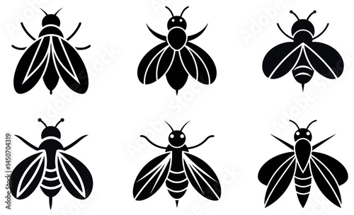 Black and White Bee Character Illustrations in Various Poses