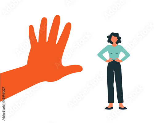 Discrimination for women. Human hand showing stop gesture for African American woman. Restriction for female rights in social life and business. violence concept. Vector illustration