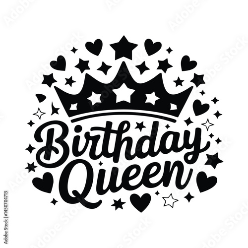 Decorative Birthday Queen Typography Vector Design with Heart and Stars
