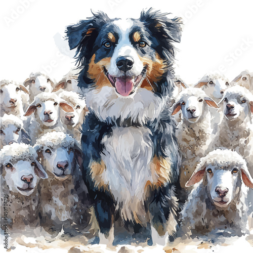 watercolor of Farm Dog Herding Sheep, vector, isolated on a white background.