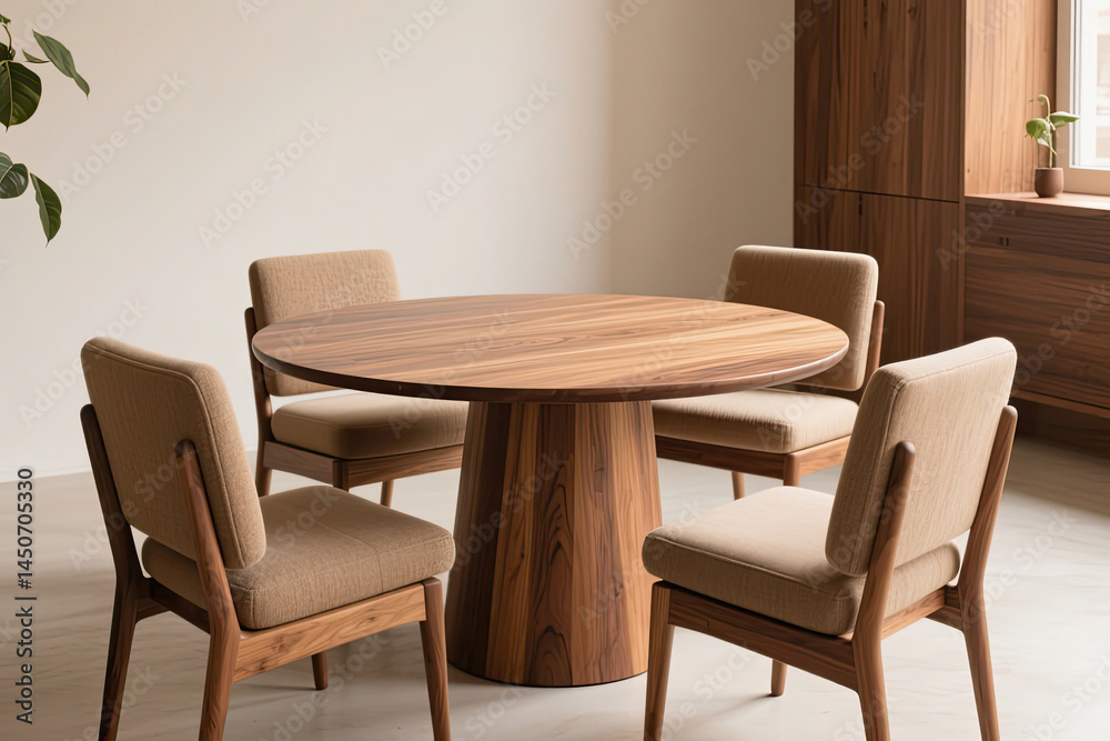 Round wooden table with four upholstered chairs., Sustainable Furniture concept Round wooden table with four upholstered chairs., Sustainable Furniture concept