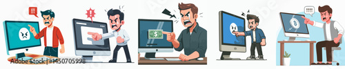 an angry man pointing at a computer screen style vector flat design