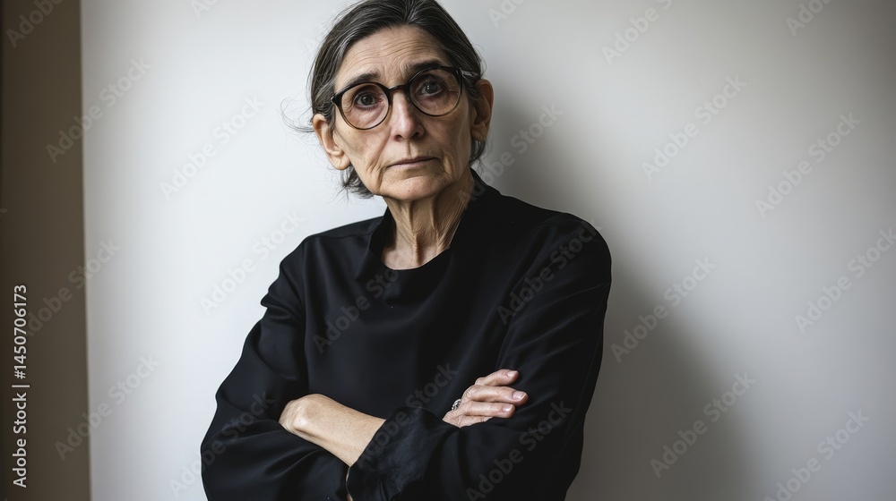 Fototapeta premium Confident Elderly Woman in Smart Casual Outfit Stares at Camera